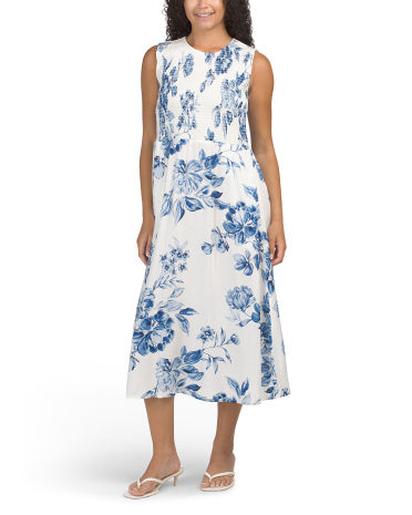 Smocked Bodice Print Midi Geyim