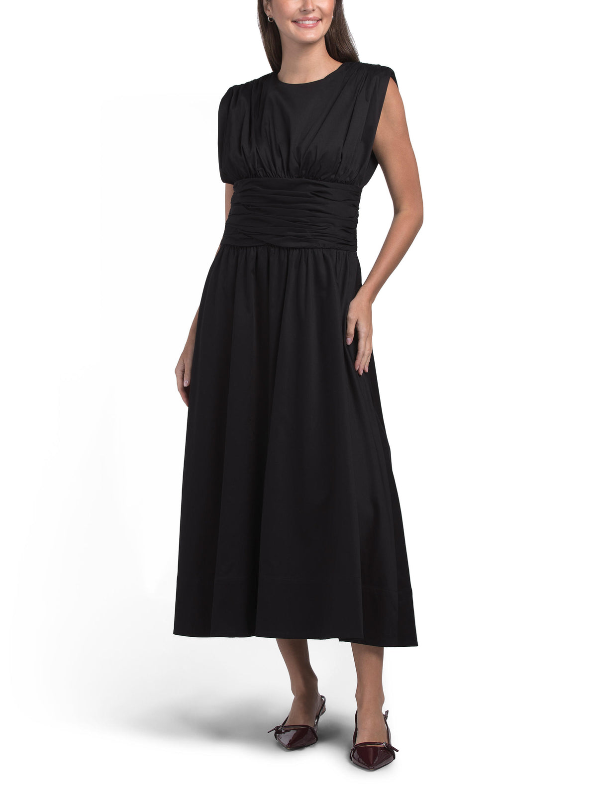 TOCCIN Evangeline Strong Shoulder Ruched Midi Geyimi