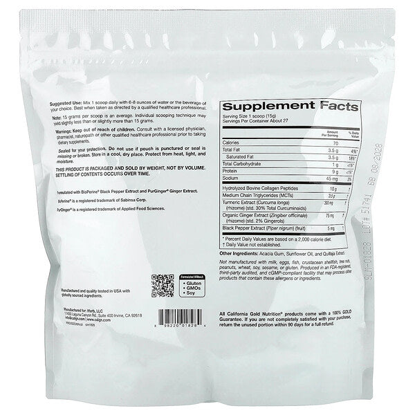 California Gold Nutrition Hidrolizə Kollagen Peptidləri Zerdeçal, MCT və Zəncəfil ilə 400 q