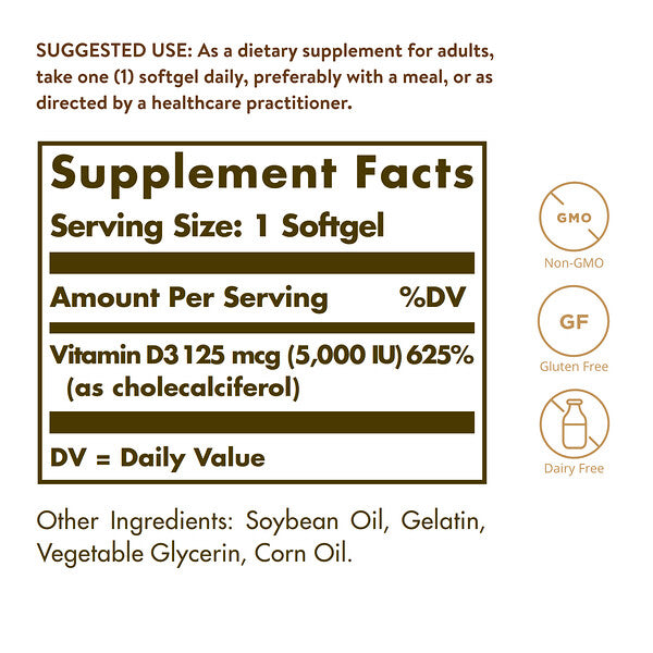 Solgar Vitamin D3 Kholekalsifеrol 125 Mkg 5000 VƏ 100 Softgel