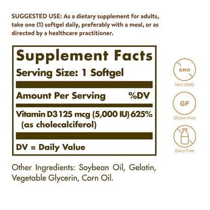 Solgar Vitamin D3 Kholekalsifеrol 125 Mkg 5000 VƏ 100 Softgel