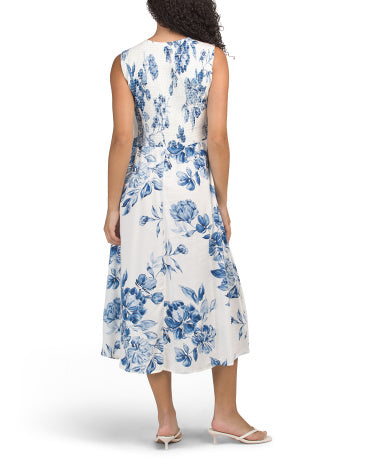 Smocked Bodice Print Midi Geyim