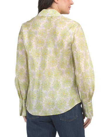 REBECCA TAYLOR Silk Mini Astera Fleur Uzun Kollü Düymə Ön Köynək