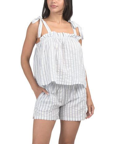 CAMBRIDGE & COTTON Pamuk Seersucker Shoreline Üst və Şort Pijama Dəsti