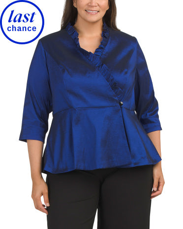 ALEX EVENINGS Plus Stretch Taffeta Bluzka Peplum Yemiş ilə