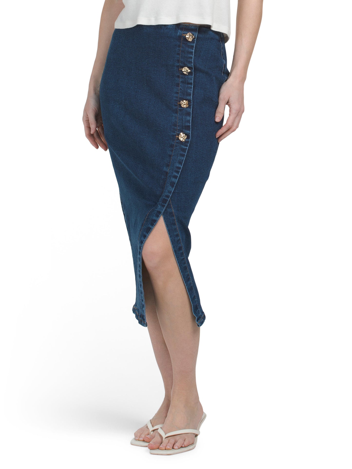 LOVE TREE Asimmetrik Yan Düymə Denim Maxi Ətək