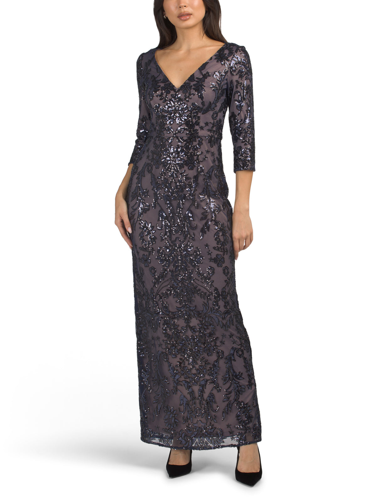 ADRIANNA PAPELL Elbow Sleeve Sequin Embellished Gown