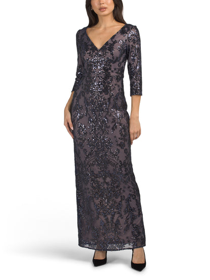 ADRIANNA PAPELL Elbow Sleeve Sequin Embellished Gown