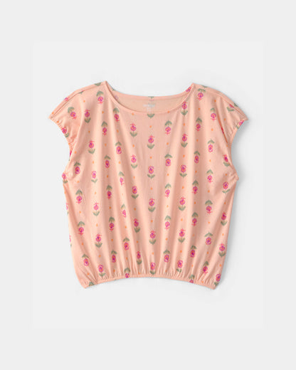 OshKosh B'gosh Qız Çiçəkli Qısa Kollu Bluzka - Şeftali