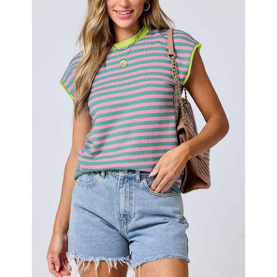 Coolmee Qadın Çizgili Jilet Pullover Manifaturası Yuvarlaq Yaxa Qısa Tərəvəz Yüngül Yay Gündəlik Geyimi Qırmızı/Yaşıl L