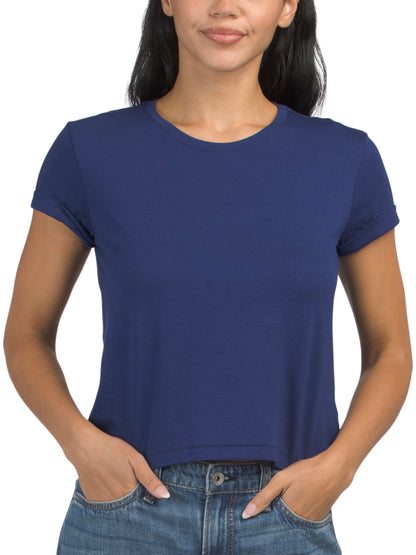 SUNDRY Pima Pamuk Qarışıq Qısa T袖li Uşaq Crew Neck T-Shirt Qatlanmış Manşetlərlə
