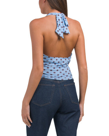 SEE YOU MONDAY Mesh Polka Nöqtəli Çap Cowl Halter Boyunlu Bluzka