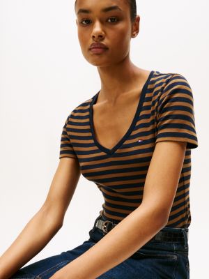 Tommy Hilfiger V Yaxalıqlı Zolaqlı Sevimli Köynək, Tünd Mavi