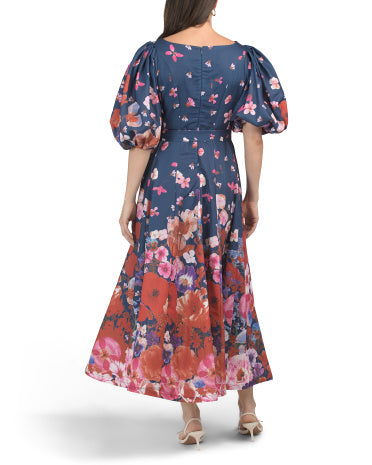 DALIA MACPHEE Puff Sleeve Cascading Floral Maxi Geyim Kəmərli
