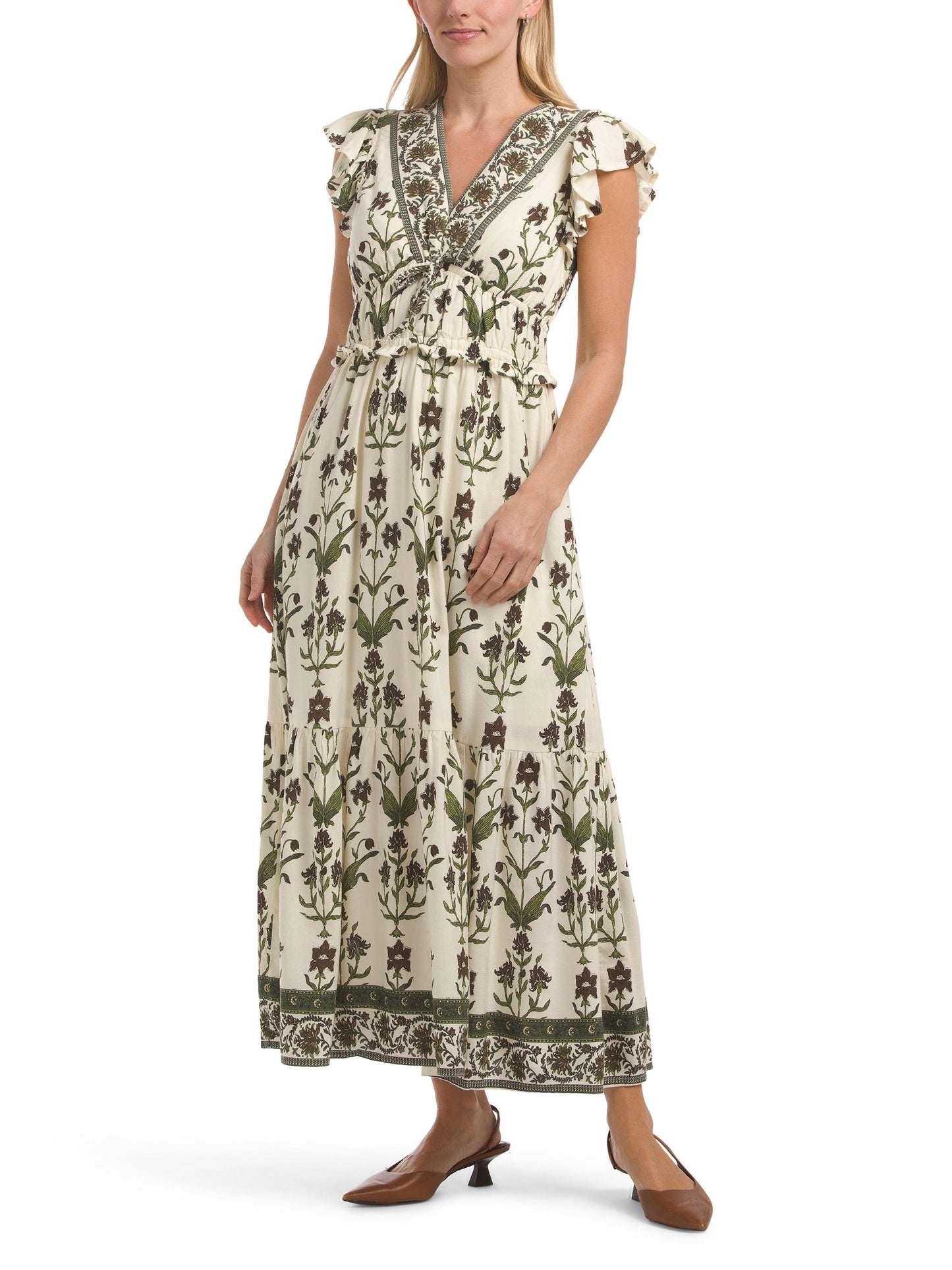 LEA Flutter Sleeve V-Neck Floral Maxi Dress Qadın Uzun Geyimi