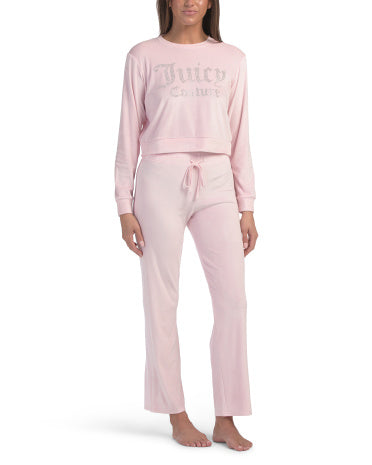 JUICY COUTURE 2 Hissəli Məxməri Crew Neck Bluzka və Şalvar Ev Geyimi Dəsti Kristal Detallarla