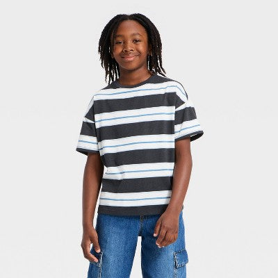 Cat & Jack Oğlan Qısa Kollu Çizgili Oversize T-Shirt Boz/Ağ M