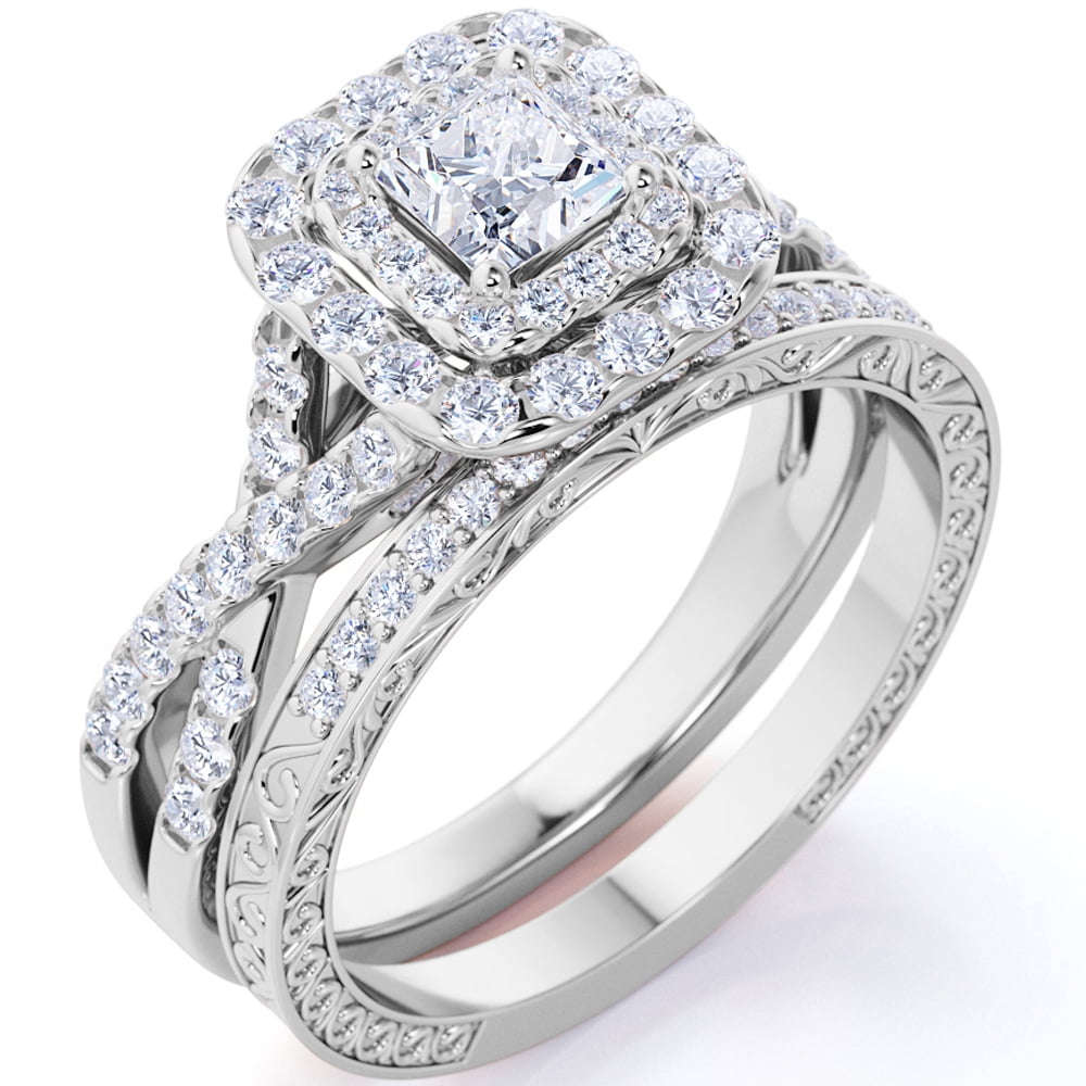 JeenMata 1.25 karat - Kvadrat Moissanit - Cüt Halo - Bükülü Band - Vintage Terinə Uyğun - Pave - Zərif Üzük Dəsti 18K Ağ Qızıl Örtülü Qadınlar Üçün YoxYox