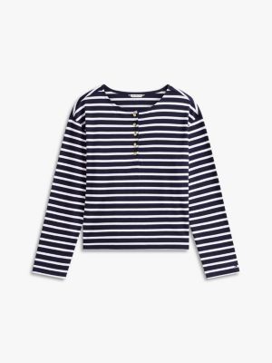 Tommy Hilfiger Rahat Oturuşlu Pamuk İnterlock Henley, Tünd Mavi / Ağ Zolaqli