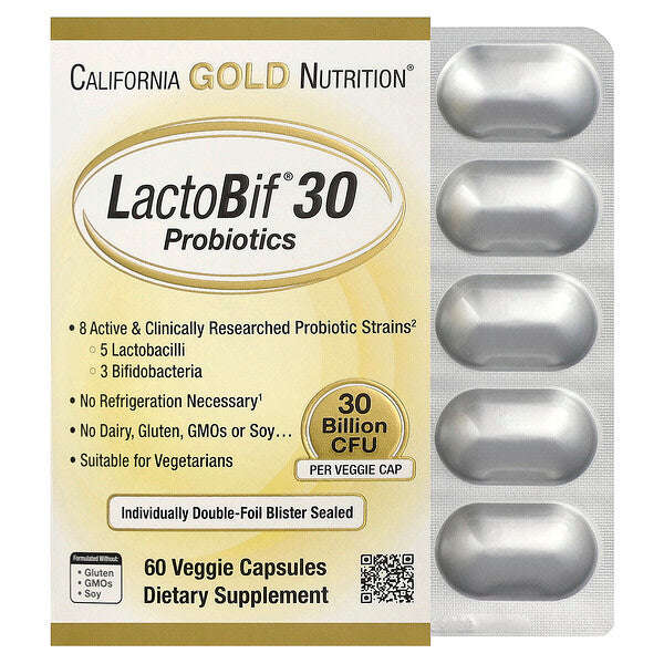 California Gold Nutrition Lactobif 30 Probiotiklər 30 Milyard CFU 60 Veqetarian Kapsul YoxYox