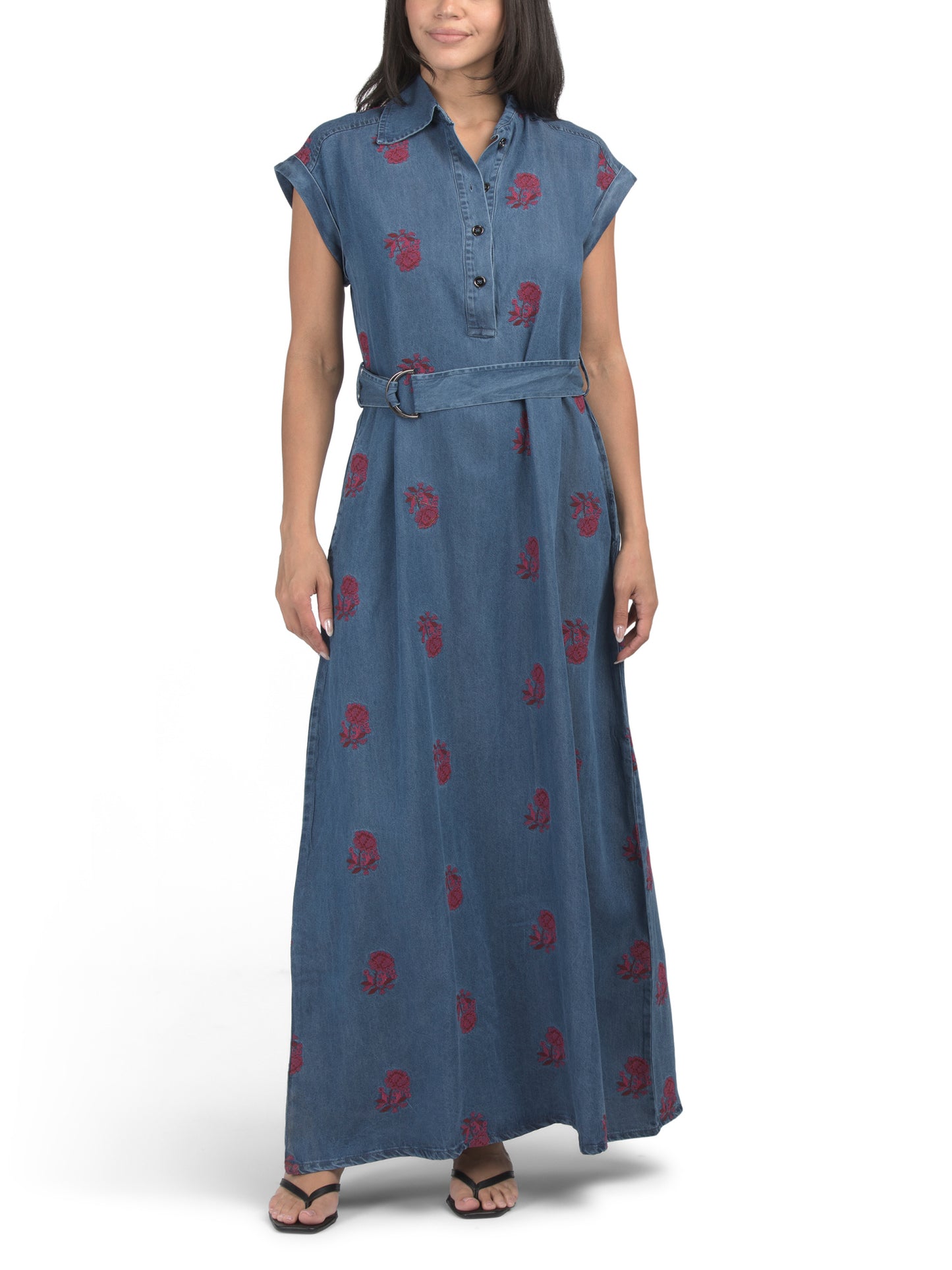 SOLITAIRE Qısa Kollu Çiçəkli Işlemeli Denim Maxi Geyim