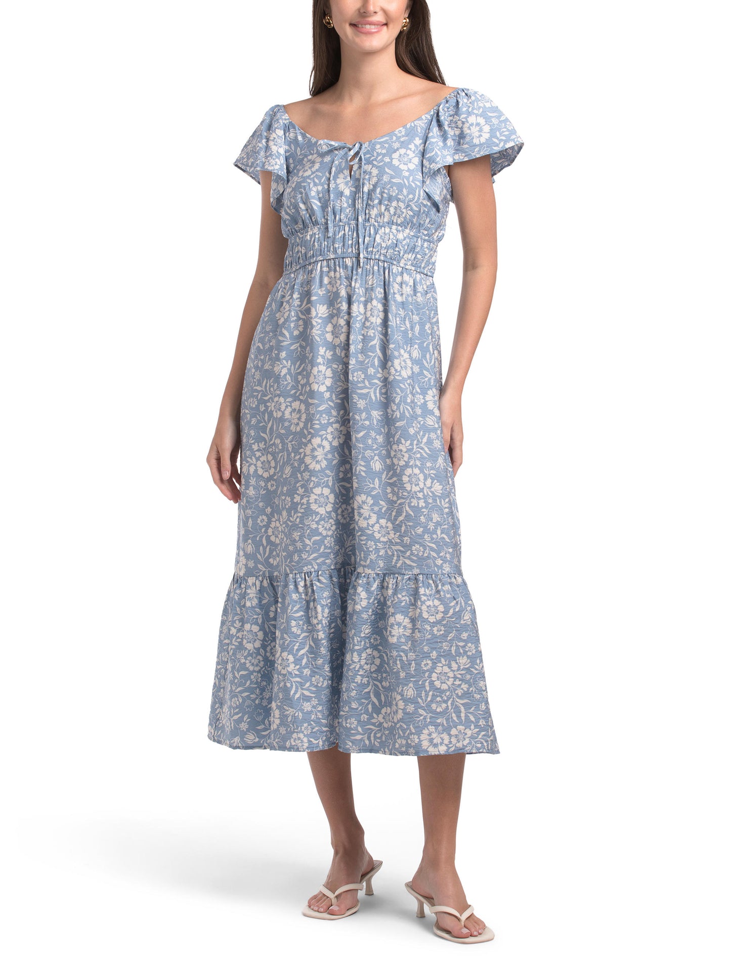RUBY & REMI Flutter Sleeve V-Neck Tie Front Maxi Geyim
