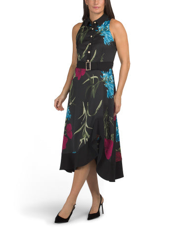 Satin Belted Classic Collar Maxi Dress