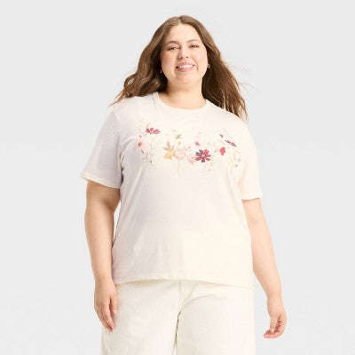 Qadınlar üçün Vəhşi Çiçək Qısa Tək Qrafikli T-Shirt - Slonovaya Sümüyü XXS YoxYox