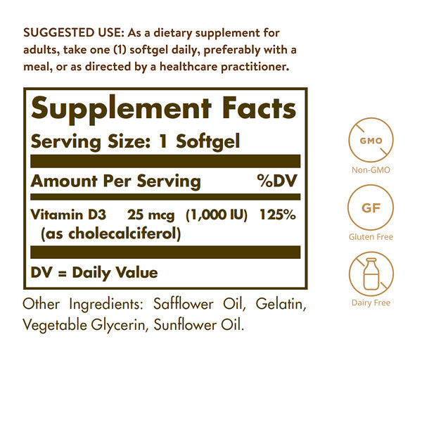 Solgar Vitamin D3 25 Mcg 1000 IU 250 Softgels