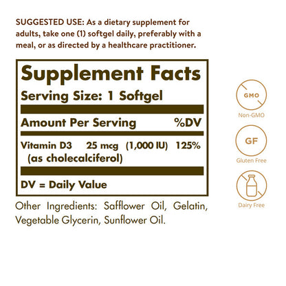 Solgar Vitamin D3 25 Mcg 1000 IU 250 Softgels