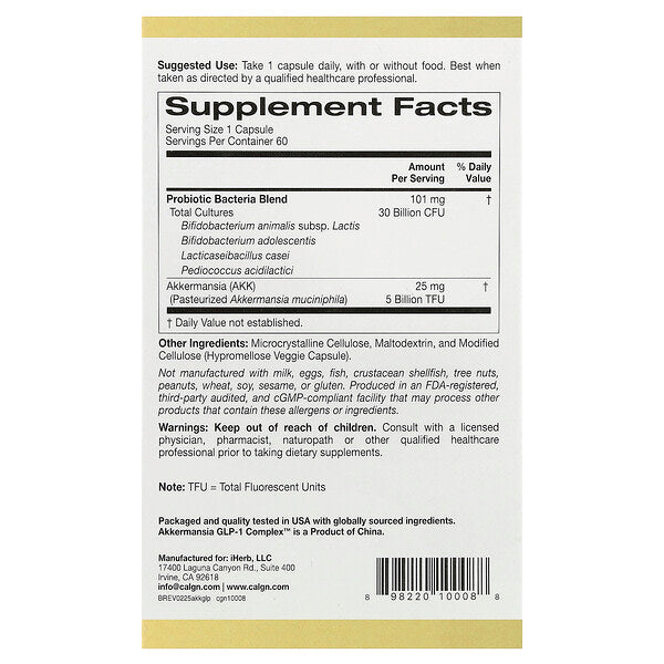 California Gold Nutrition Akkermansia Probiotiklər Glp 1 Kompleksi 60 Veggie Kapsul