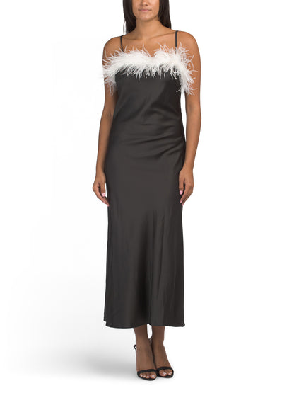 AUREUM Satin Maxi Slip Geyim Faux Tüy Kənarı ilə