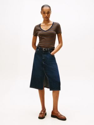 Tommy Hilfiger V Yaxalıqlı Zolaqlı Sevimli Köynək, Tünd Mavi