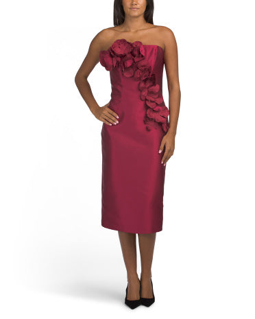 TERANI COUTURE Straplez 3D Çiçəkli Midi Geyim