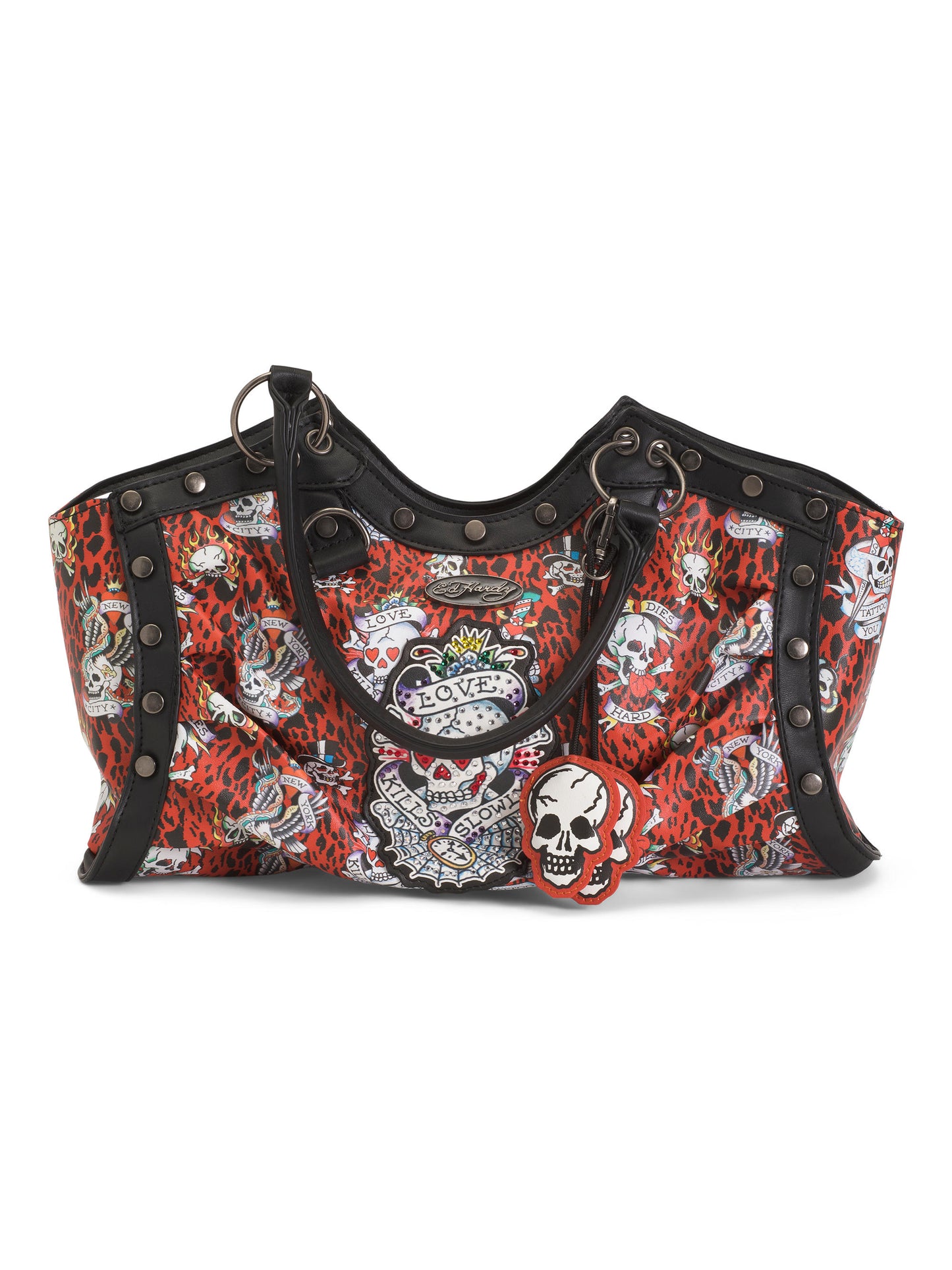 ED HARDY Dəri Fındıq Rəngli Böyük Qatlanmış Kəllə Çantası