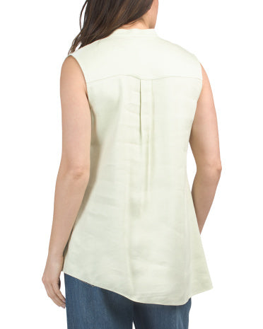 Linen Blend Sleeveless Top With Asymmetrical Drape Hem