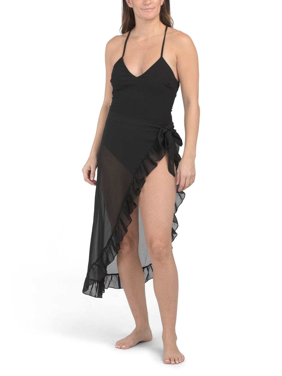 ESCAPE TO PARADISE Çarpaz Arxalı Nervürlü Bir Parçalı Sakit Mayosu Sarong ilə