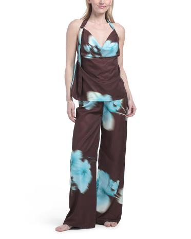 US TOGETHER 2 parçalı Halter Yerleştirilmiş Floral Saten Üst və Pantolonlar Dəsti YoxYox