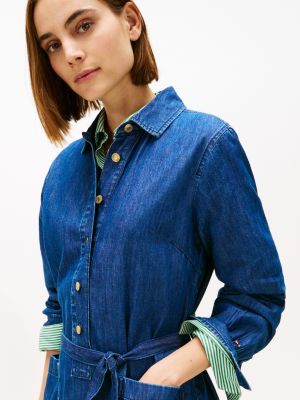 Tommy Hilfiger Kəmər Detallı Denim Mini Köynək Geyimi, Tünd Yuma