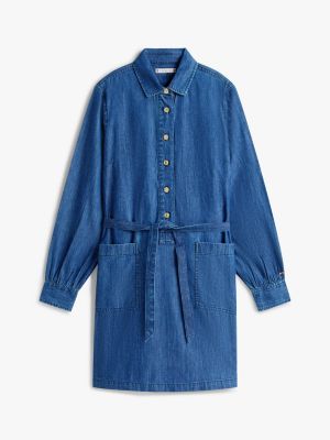 Tommy Hilfiger Kəmər Detallı Denim Mini Köynək Geyimi, Tünd Yuma