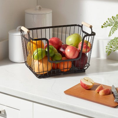 Brightroom Metal Yığılmış Tel Pantry Səbəti Kauçuk Ağac Tutacaqla Qara - Mətbəx Saxlama Təşkiləyicisi