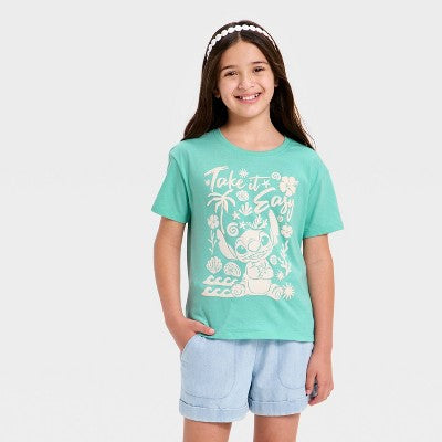 Qız Disney Lilo & Stitch Qısa Kollu Qrafik T-Köynəyi - Su Yaşıl M