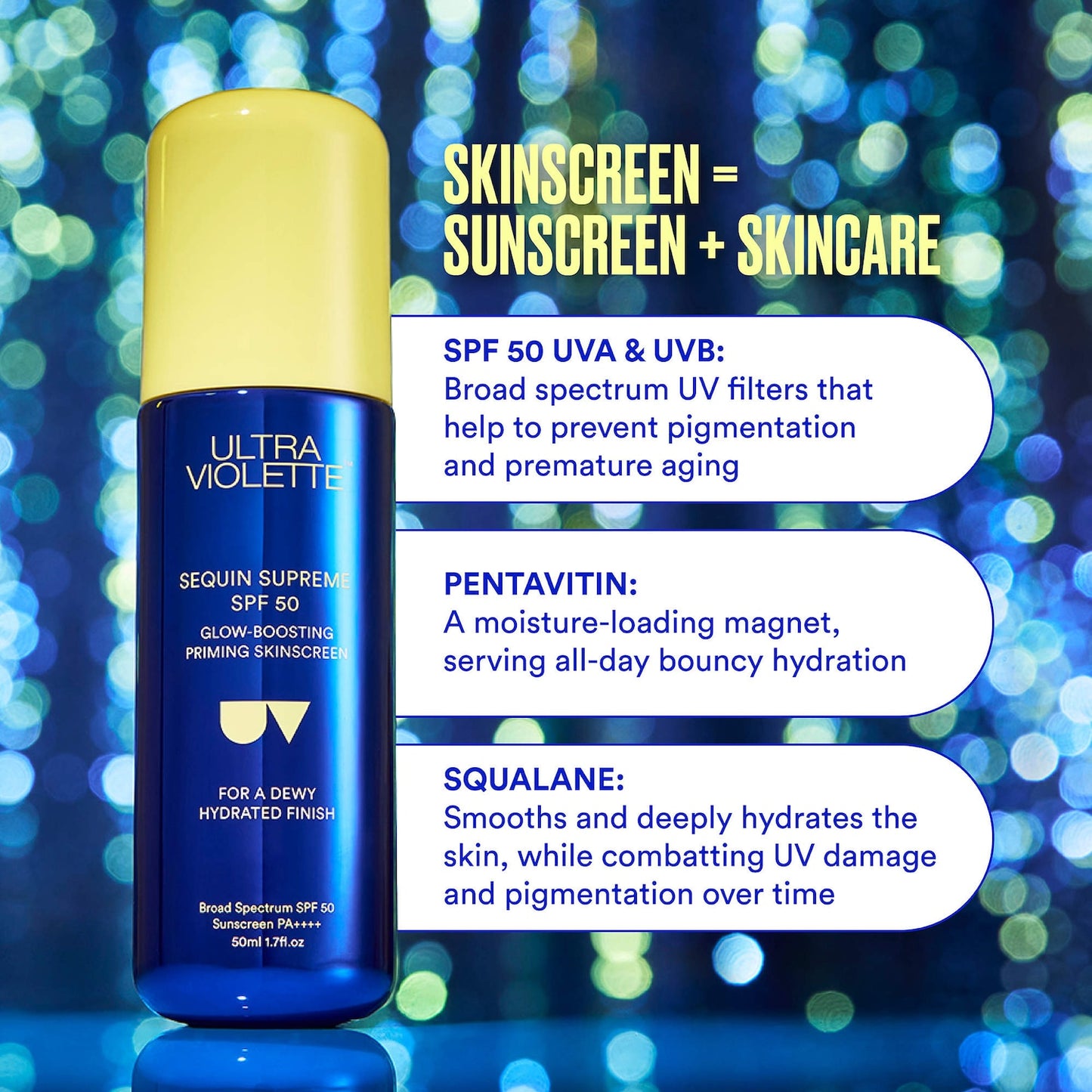Ultra Violette Sequin Supreme SPF 50 Parlaqlıq Verən Üz Günəş Kremi Nəmləndiricisi və Priymeri