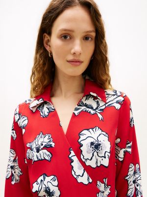 Tommy Hilfiger Çiçəkli Naxışlı Krep Sarma Geyim, Əsas Qırmızı