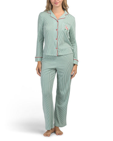 CATH KIDSTON Pamuklu Əriş Çizgili Üst və Şalvar Pijama Dəsti Əsgər Broderiası ilə