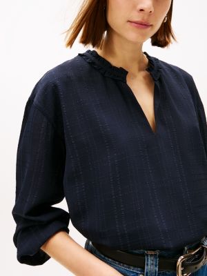 Tommy Hilfiger Şotland Deseni Şifon Pulover Bluzka, Tünd Mavi