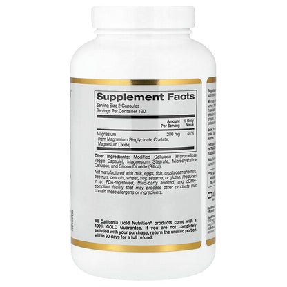 California Gold Nutrition Magnesium Bisglycinate Chelate Albion Traacs 240 Veggie Capsules 100mg