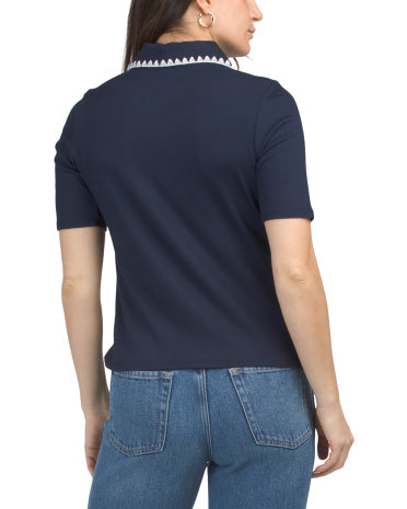 CYRUS Pick Stitch Collar Elbow Sleeve Top