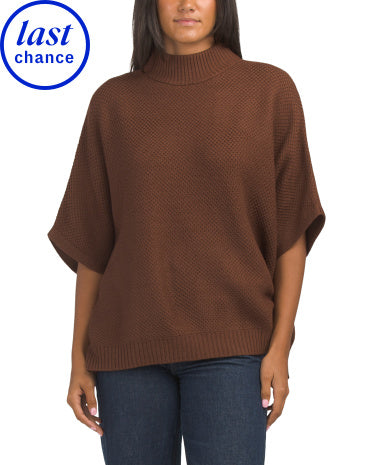 TAHARI Merino Yün Mock Neck Dartılı Ponço Toxunma Toxunuşlu Örgü ilə