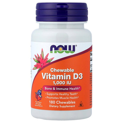 Now Foods Çeynənən D3 Vitamini Meyvə 25 Mcg 1000 IU 180 Tablet